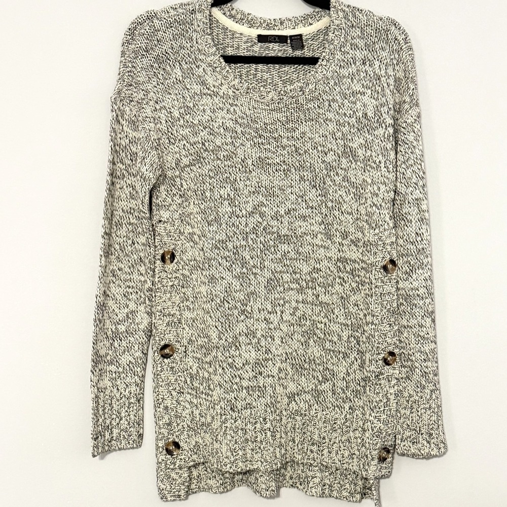 RDI Womens M Cream Black Marled Knit Sweater Tunic Cozy Fall Cottagecore Warm